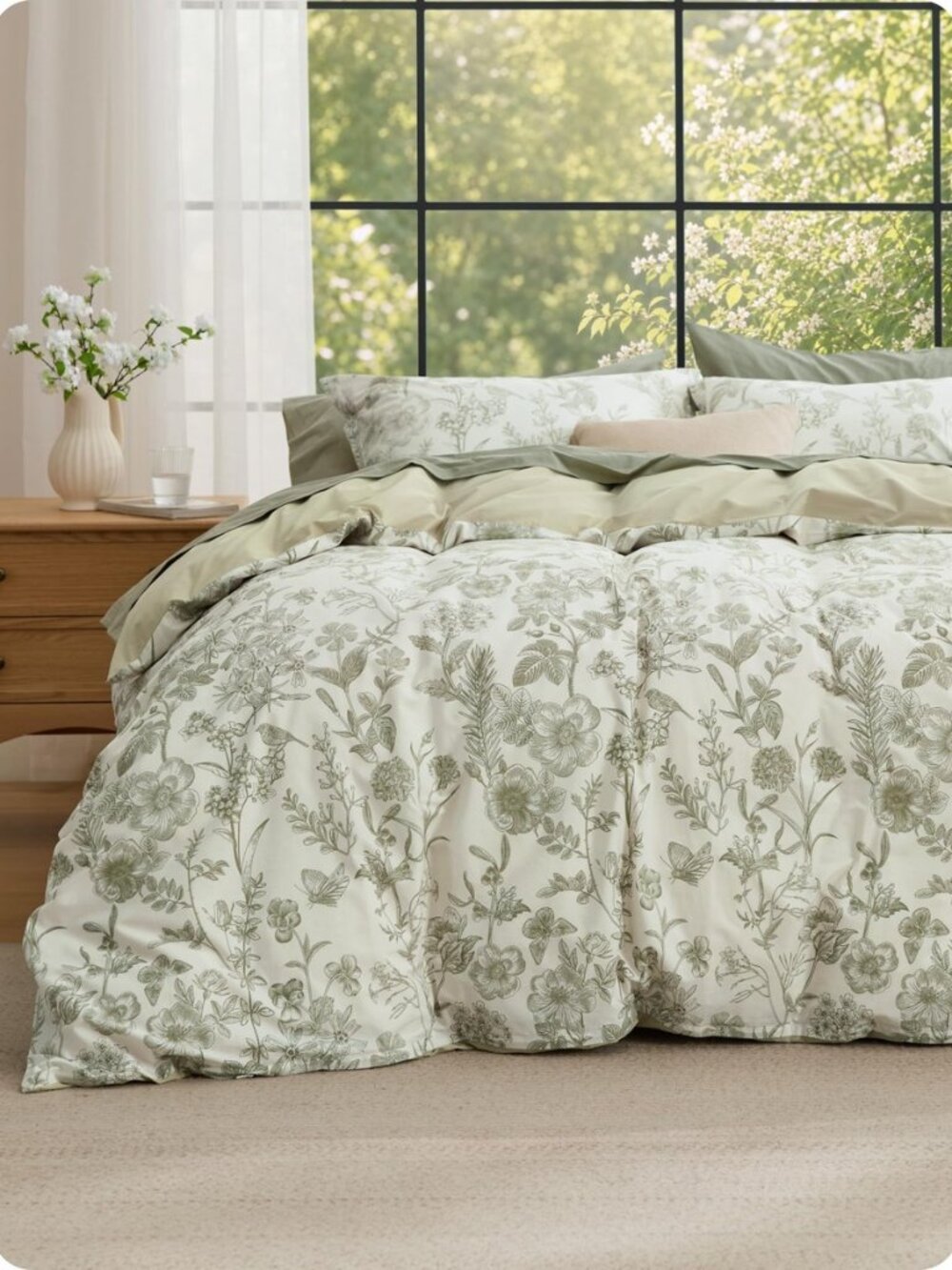 PureWoven 100% Cotton Floral Duvet Cover Set , Queen, Desert Sage